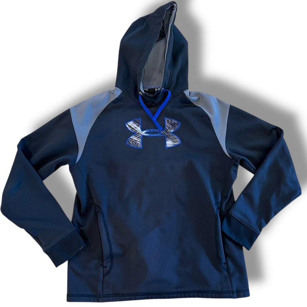 Under Armour Hoodie Black & Gray W/ Blue Drawstring Sweatshirt Logo Medium Men’s